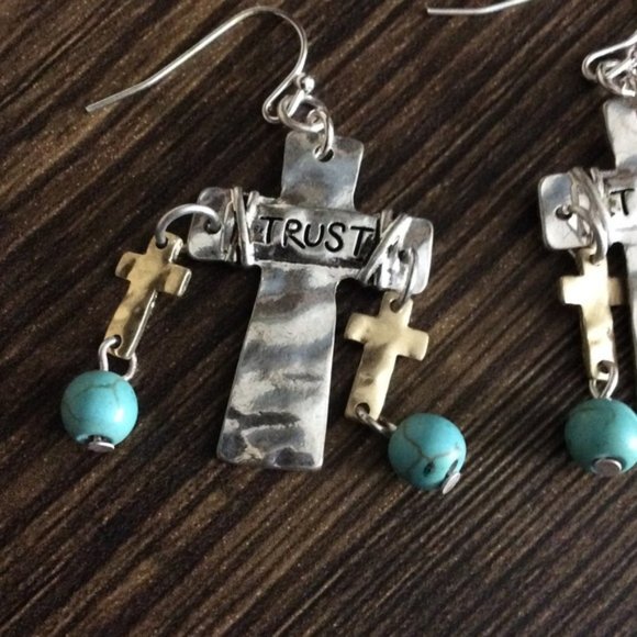 5/$25 SALE - NEW Trust Cross Turquoise Earrings - Picture 3 of 4